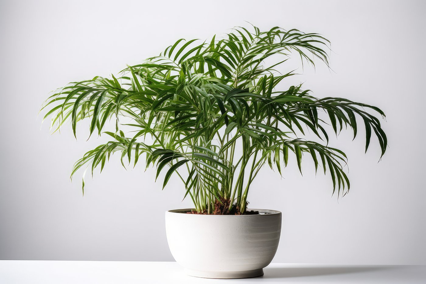 Parlor Palm Chamaedorea Elegans In A White Pot On A White Backgr